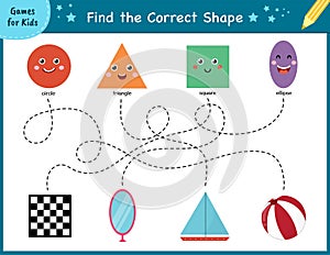 Find the correct shape. Maze game for kids. Learning shapes activity page