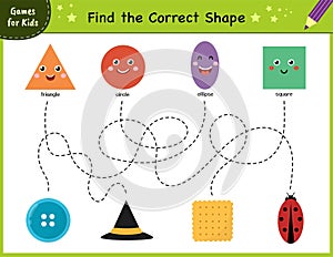 Find the correct shape. Maze game for kids. Learning shapes activity page