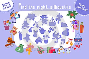 Find the correct silhouette, shadow. Puzzle game for kids. Big set of Christmas items. Cute cartoon character and