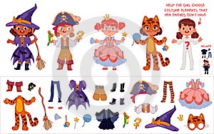 Find the costume pieces for girl. Educational game for kids. Attention task photo