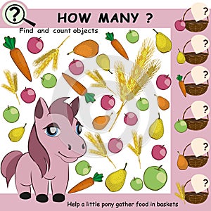 Find and count objects, apple, pears, carrots, food for pony. Educational mathematical game for children.