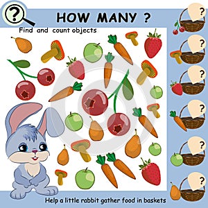 Find and count objects, apple, pears, carrots, food for rabbit.