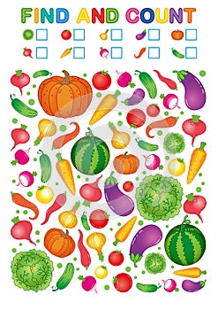 Find and count. Printable worksheet for kindergarten and preschool. Exercises for study numbers. Bright Vegetable harvest chili pe
