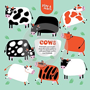 Find Cows Pair Picture Kid Game Printable Template.