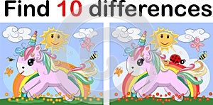 Find the difference the two funy little Unicorn. Children riddle entertainment. Sheet different toys construction equipment. Game