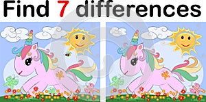 Find the difference the two funy little Unicorn. Children riddle entertainment. Sheet different toys construction equipment. Game