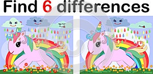 Find the difference the two funy little Unicorn. Children riddle entertainment. Sheet different toys construction equipment. Game