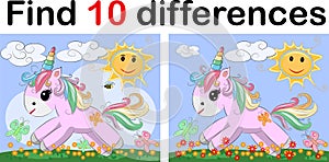 Find the difference the two funy little Unicorn. Children riddle entertainment. Sheet different toys construction equipment. Game photo