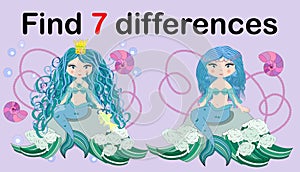 Find the difference the two illustration with sea mermaid. Children funny riddle entertainment.