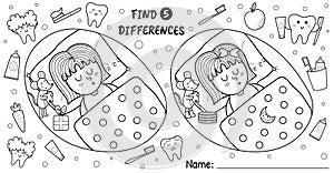 Find 5 differences activity pages for kids. Funny dental tooth maze game for school and preschool photo