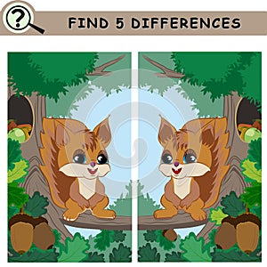 Find 5 differences. Cartoon character squirrel on tree.