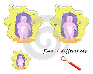 Find the differences, a cartoon hedgehog with a magic wand. vector isolated on a white background