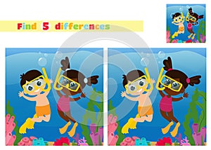 Find the differences. Children girl and boy aqua divers. Underwater world of corals and algae with fishes.