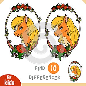 Find differences, education game for children, Cute horse in a floral frame