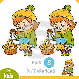 Find differences, education game for children, Cute little girl gathers mushrooms in a basket