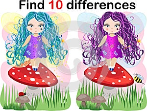 Find differences education game for children, fairy in the nature