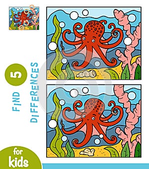 Find differences, education game for children, Octopus in the sea