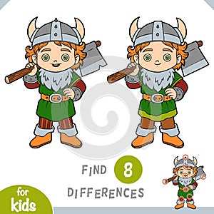 Find differences, education game for children, Viking boy with an ax