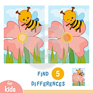 Find differences, education game, Flower meadow. The bee on the flower