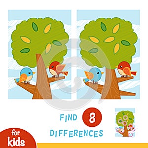 Find differences, education game. A summer day. The birds in the tree