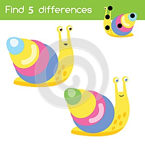 Find the differences. Educational children game. Activity for pre school years kids. Cartoon snail