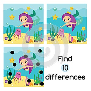 Find the differences educational children game. Kids activity sheet with cute mermaid underwater