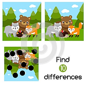 Find the differences educational children game. Kids activity with cartoon forest animals