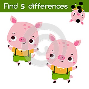 Find the differences educational children game. Kids activity with cute pig
