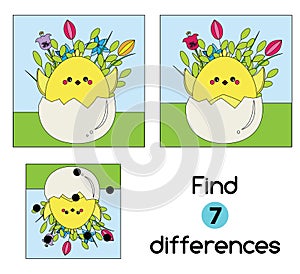 Find the differences educational children game. Kids activity sheet with Chicken in egg. Easter theme