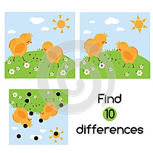 Find the differences educational children game. Kids activity sheet with chickens on grass
