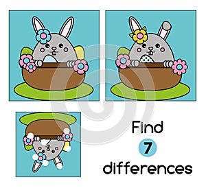 Find the differences educational children game. Kids activity sheet, with cute Easter bunny character