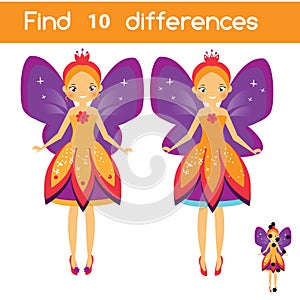 Find the differences educational children game. Kids activity sheet with flying fairy