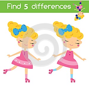 Find the differences educational children game. Kids activity sheet with roller skating girl