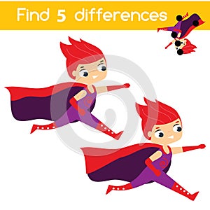 Find the differences educational children game. Kids activity sheet with superhero boy