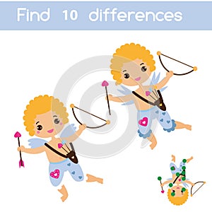Find the differences educational children game. Kids activity sheet with Valentines day Cupid angel