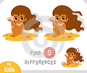 Find differences educational game for children, Cute cartoon girl sits on the beach with a seashell and listens to the sound of
