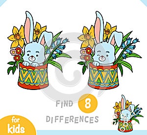 Find differences educational game for children, Easter illustration. Little rabbit in a box