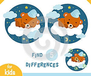 Find differences educational game, Cute bear sleeps on a cloud