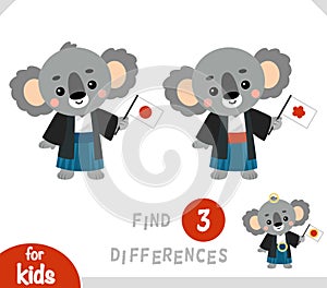 Find differences, educational game, Cute koala in kimono and japanese flag