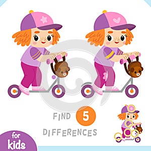 Find differences educational game, Cute little girl on a scooter