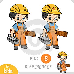 Find differences, educational game for kids, Builder with wooden plank and toolbox