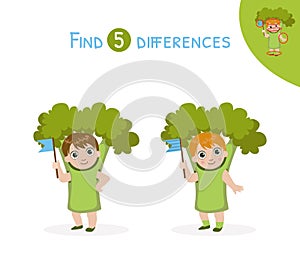 Find Differences, Educational Game for Kids, Cute Girl in Broccoli Costume Vector Illustration