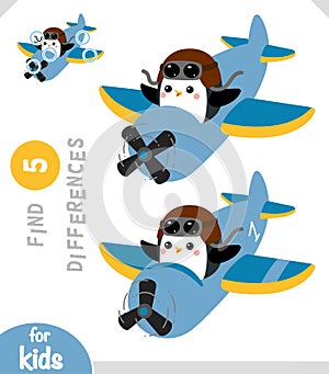Find differences, educational game for kids, Cute penguin pilot is flying on an airplane