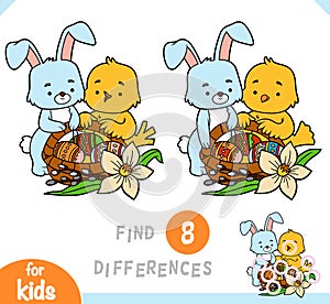 Find differences educational game for kids, Easter illustration. Bird and rabbit and basket with colored eggs