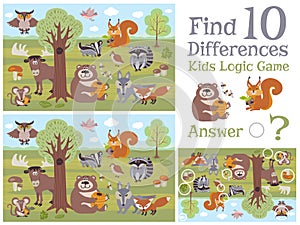 Find differences educational kids game with forest animal characters vector illustration