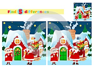 Find the differences. Evening scene in front of Santa Claus\' house. Santa and Mrs. Santa stand in front of the door.