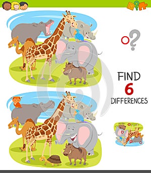 Find differences game with cartoon animal characters