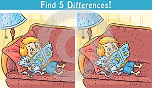 Find differences game with a cartoon boy reading a book