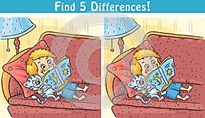 Find differences game with a cartoon boy reading a book photo