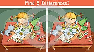 Find differences game with a cartoon girl drawing a picture